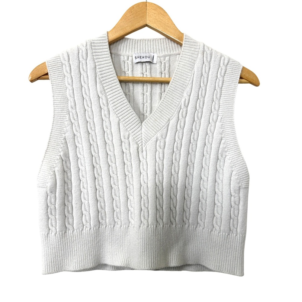 Shekou Cable Knit‎ Sweater Vest White V Neck Cropped Preppy XS